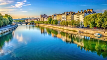 Fototapeta premium Tranquil view of Saone river between Barbe island and Quai Clemenceau in Lyon, France, Saone river, Barbe island, Quai Clemenceau
