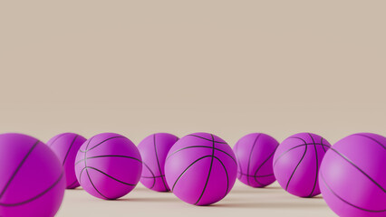 eight purple basketballs on beige surface, sports and activity theme, 3d rendering, horizontal image © Kaincloud