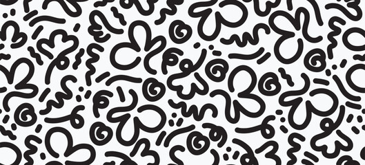 line doodle seamless pattern for kids birthday party or celebration background, trendy design with scribble shapes on black backdrop.