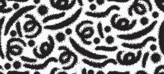 Seamless spray paint ink doodle pattern for children's birthday party or celebration background, trendy design with doodle shapes on black background.