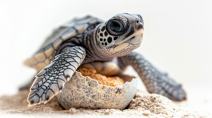 Obraz premium Adorable Newborn Sea Turtle Crawling on White Sand with Eggshell, Heading to Ocean
