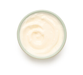 Bowl of tasty yogurt on white background