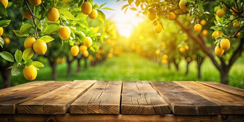 Empty wooden table outdoors in a lemon orchard mockup , outdoor, wooden, table, empty, orchard, display, product