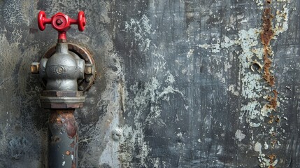 Close up of old water valve and steel plumbing joint with red knob space for text