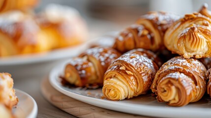A close-up shot of golden mini croissants, freshly baked and dusted with powdered sugar, artfully arranged on a white plate, ready to be enjoyed as a tasty treat.