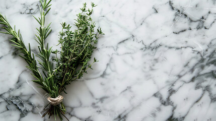 Fresh rosemary and thyme sprigs on marble countertop, natural light