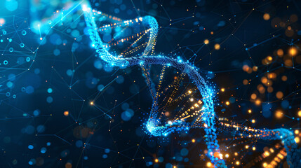 Glowing double helix DNA strand with digital data overlay