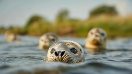 Fototapeta premium A curious seal pokes its head above the water, displaying a wet and shiny nose along with inquisitive eyes, set against a blurred natural background.