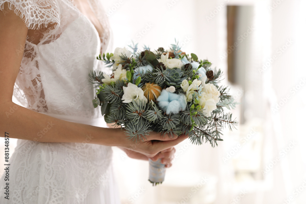 Wall mural Young bride with beautiful winter wedding