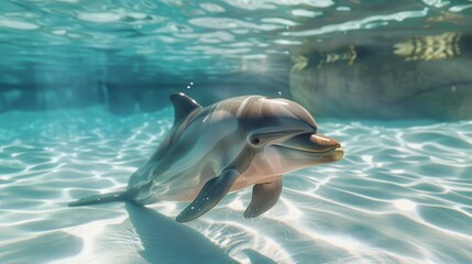 Adorable baby dolphin paddling underwater in a clear, sunlit pond , horizontal Composition, product view, Centered Composition, masterpiece, best quality, highly detailed. © Jojo