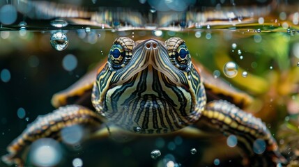 Fototapeta premium Close-up of a baby turtle's head underwater with reflections, plants, and bubbles , horizontal Composition, product view, Centered Composition, masterpiece, best quality, highly detailed.