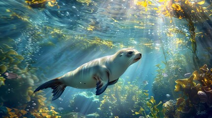 Obraz premium Baby sea lion gliding through water with vibrant underwater plants and sunlight , horizontal Composition, product view, Centered Composition, masterpiece, best quality, highly detailed.