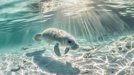 A baby manatee swimming in clear water with light filtering through the surface , horizontal Composition, product view, Centered Composition, masterpiece, best quality, highly detailed.