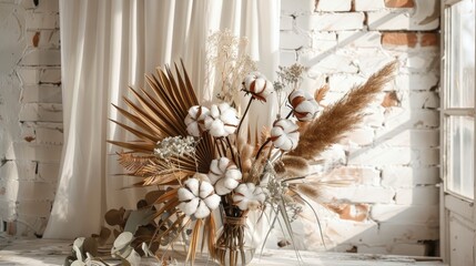 Dried flower interior decoration with cotton palm leaves and eucalyptus bouquet