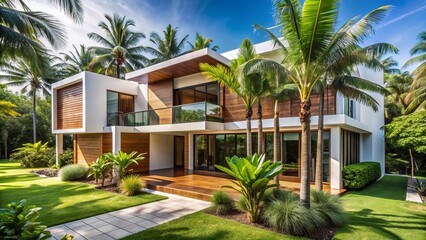 Modern white house with wooden accents surrounded by lush tropical landscaping featuring tall palm and banana trees in paradise.