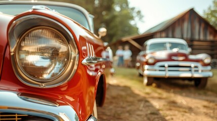 Fototapeta premium Two elegantly preserved classic cars are parked in a rustic outdoor setting with an old barn in the background, exemplifying nostalgia, beauty, and automotive history.