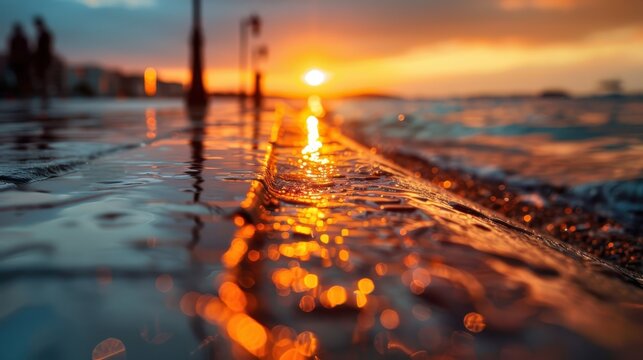 The image captures an oceanfront promenade during sunset, with wet stones reflecting the vibrant hues of the setting sun, showcasing the peaceful and romantic ambiance of waterfront evenings. - Powered by Adobe