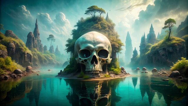 Ethereal skull submerged in turquoise water amidst misty island landscape with ancient ruins, exuding mystery and otherworldly allure.