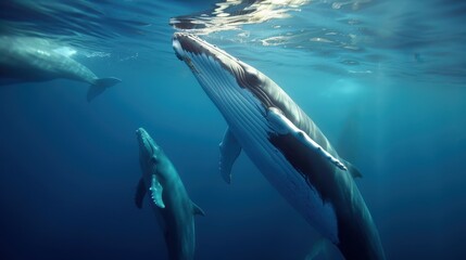 Obraz premium Several whales are depicted swimming deeper in the ocean, showcasing their enormous size, intricate body patterns, and the fascinating underwater world they inhabit.