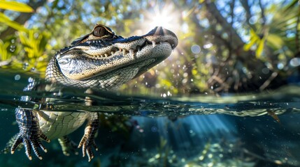 Fototapeta premium A curious baby alligator submerged in a clear, sunlit aquatic environment , horizontal Composition, product view, Centered Composition, masterpiece, best quality, highly detailed.