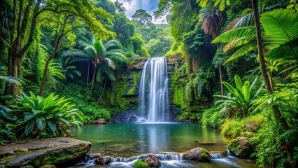 Fototapeta premium Tropical waterfall surrounded by lush greenery in a vibrant forest setting, waterfall, tropical, forest, nature, beauty