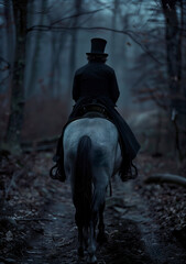 Close-up of a young-looking professor in the year 1820 on a horse. New England professor wearing black jacket and top hat in the year 1820 under ambient moonlight.