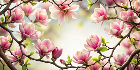 Interwoven branches of magnolia and camellia blossoms , flowers, pink, white, background, intertwined, spring, nature, petals