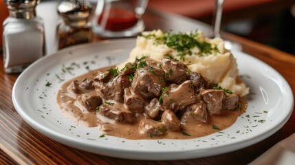 Beef stroganoff dish with gravy and mashed potatoes on white plate