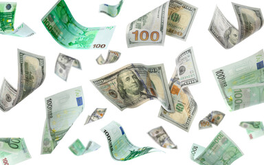 Many dollar and euro banknotes in air on white background