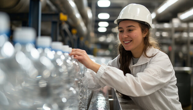 Young  woman worker checking robotic line for bottling and packaging pure drinking water into bottles
