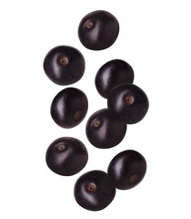 Many acai berries falling on white background