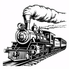 Vintage steam train woodcut illustration on white background. Retro design
