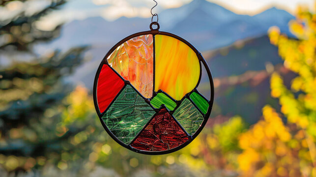 Colorful stained glass suncatcher of mountains and sun design