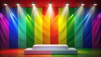 Vibrant rainbow flag backdrop with empty white podium illuminated by spotlight, perfect for showcasing products with pride and confidence.