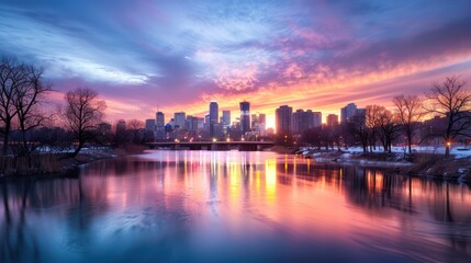 Obraz premium Stunning Panorama of City Skyline at Dusk with River Reflections and Vibrant Sky, Urban Landscape Photography
