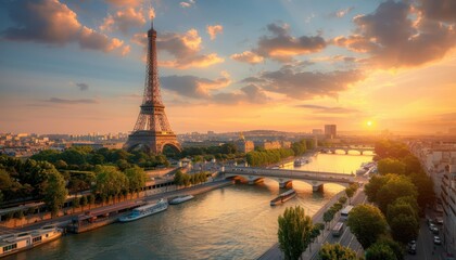 Obraz premium Stunning Panoramic View of the Eiffel Tower at Sunset, Paris, France, Iconic Landmark, Historic Architecture, Cityscape, River Seine, Bridge, Golden Hour, Travel Destination, Tourist Attraction