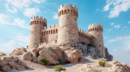 Panoramic View of an Ancient Castle, Majestic Stone Structure, Historic Architecture on a Hilltop, Picturesque Landscape, Medieval Fortification, Timeless Beauty, Stone Walls, Towering Towers