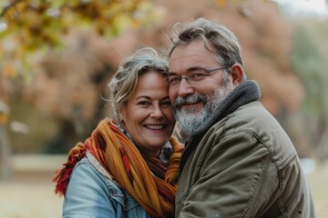 Fototapeta premium Woman, man, couple, happy, together, hug, bond, mature, middle, middle, old, park, outdoors, conversation, leisure, fun, smile, love, old, nature, wife, happiness, lifestyle, person, adult, Caucasian,