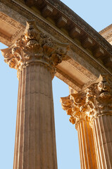 Roman architure-inspired style columns decorate the Palace of Fine Arts in San Francisco, CA.