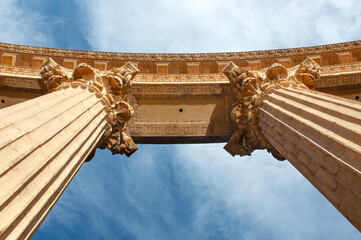 Roman architure-inspired style columns decorate the Palace of Fine Arts in San Francisco, CA.