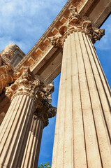 Roman architure-inspired style columns decorate the Palace of Fine Arts in San Francisco, CA.