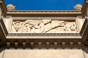 Roman-style carvings embellish the Palace of Fine Arts in San Francisco, CA.