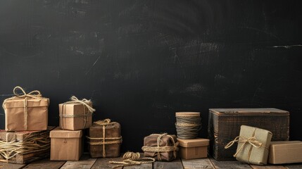 Various craft boxes stacked on wooden table with hemp rope against black backdrop