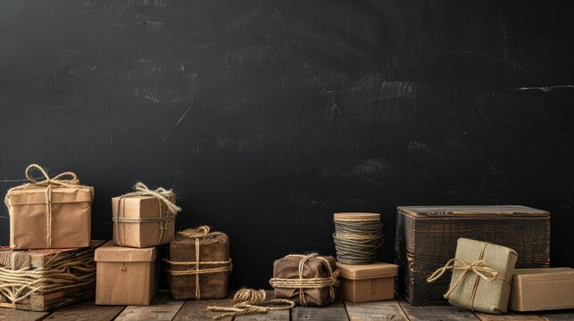 Various craft boxes stacked on wooden table with hemp rope against black backdrop