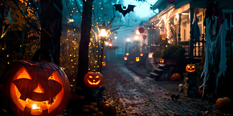 Obraz premium A street with pumpkins and Halloween decorations. Scene is spooky and festive