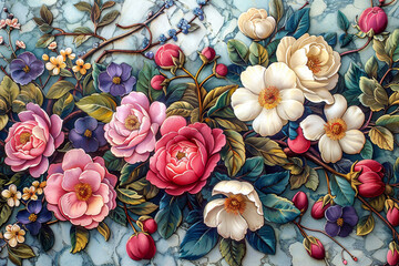 パネルの壁アート、壁の装飾、花のデザインの大理石の背景