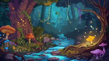 Obraz premium Enchanted Forest Stream with Glowing Mushrooms