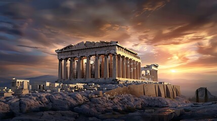 A golden sunset over the Acropolis of Athens, detailed Parthenon ruins, high-detail digital art, elevated view, warm lighting, photorealistic style