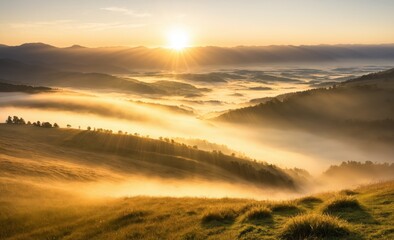 Fototapeta premium Golden Sunrise Over Misty Mountains