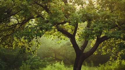 Fototapeta premium A tree abundant in branches and fresh foliage during the morning